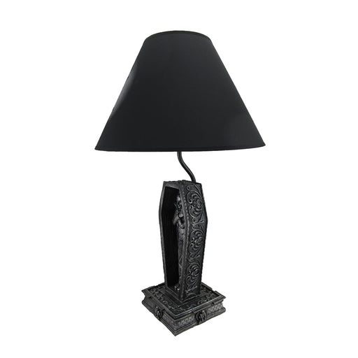 22-Inch Dark Dawning Vampire in Coffin Black Table Lamp - A Gothic Masterpiece with Eerie Charm and Bat Silhouette Fabric