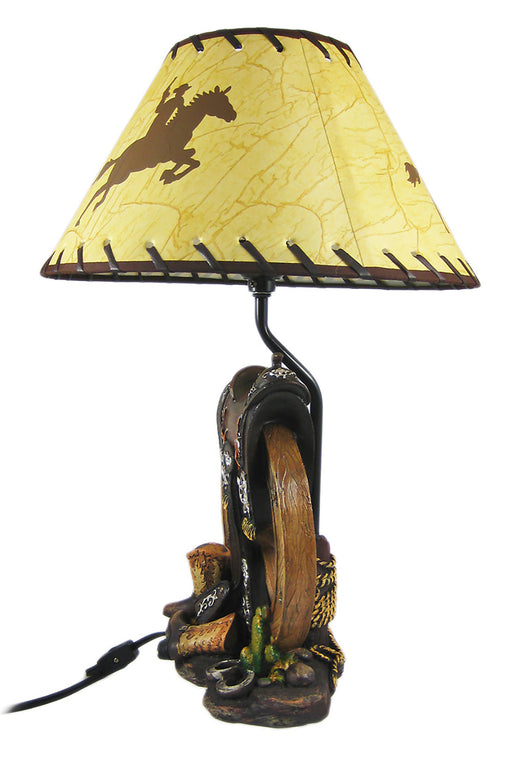 Western Saddle Resin Table Lamp with Beige Cowboy Print Shade - Perfect Bedroom Decor Accent - Standing Tall at 18 Inches -