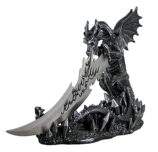 Wicked Fire-Breathing Dragon Stone Grey Knife Holder with Menacing-Looking Dagger - Unique Medieval Style Collectible Decor