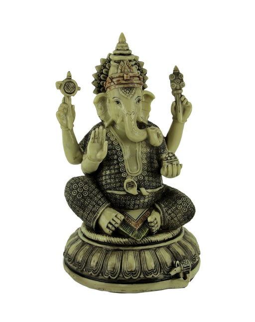 Exquisite Antique White Finish Hindu Elephant God Ganesh Seated on Lotus Flower Resin Statue, 9.25 Inches High: Symbol of
