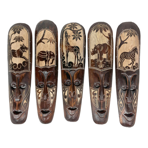 Artisan-Carved Set of 5 Hand-Crafted Wooden African Animal Wall Masks: Unique Tribal Art Sculptures - Each 20 Inches High -