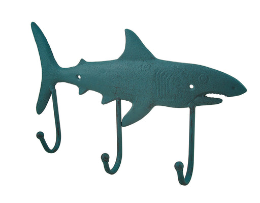 Teal Blue Cast Iron Shark Shaped Decorative Wall Hook Rack: Nautical Charm for Your Ocean-Themed Decor, 12.5 Inches Long,