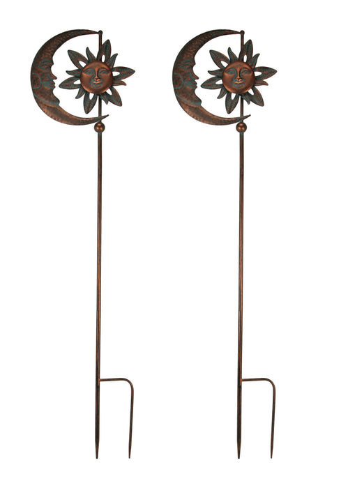 Set of 2 Copper Finish Metal Sun and Moon Wind Pinwheel Garden and Yard Stake Spinners - 52 Inches High - Celestial Harmony -