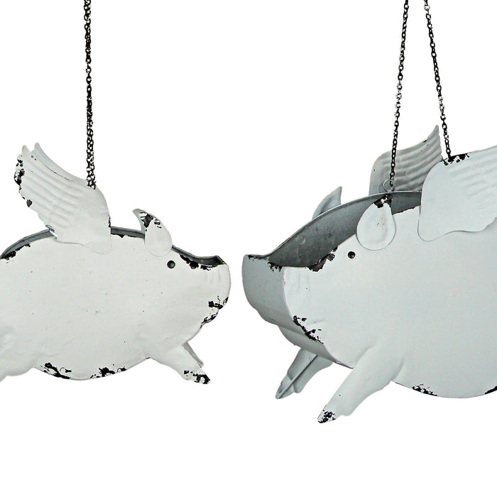 White - Image 2 - Set of 2 Distressed White Metal Flying Pig Hanging Planters - Whimsical Farmhouse-Style Outdoor Decor for