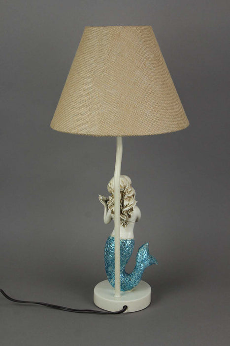 1 - Image 5 - Blue Glitter Tail Mermaid Resin Table Lamp with Burlap Shade, Ideal for Beachy Bedrooms and Nautical-Themed
