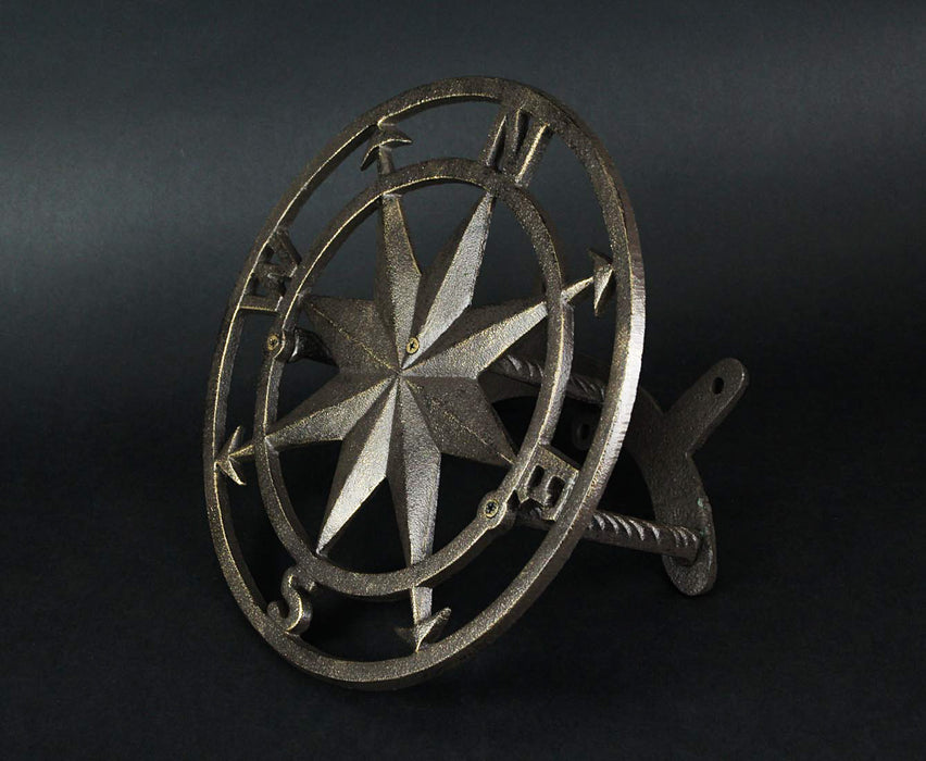 Bronze Finish Cast Iron Nautical Compass Rose Decorative Wall Mounted Garden Hose Hanger - Easy to Install - Coastal Outdoor