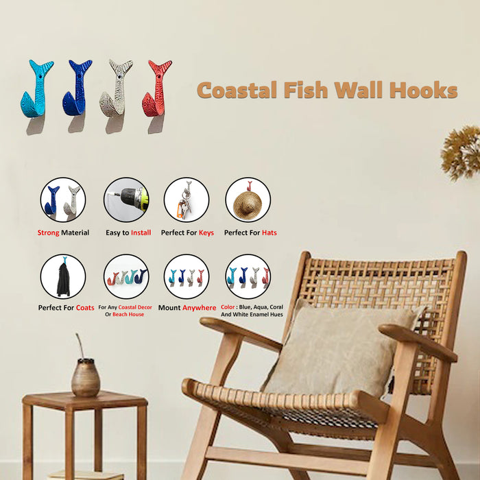 Coastal Coral - Image 2 - Set of 4 Cast Iron Flipping Fish Wall Hooks 4 Inches Long– Easy to Hang - Coastal Decor Perfection