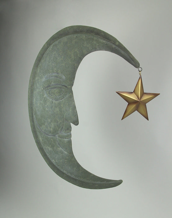 STAR - Image 2 - Enchanting Weathered Verdigris Green Crescent Moon Wall Decor with Golden Star Dangler - Celestial Charm for