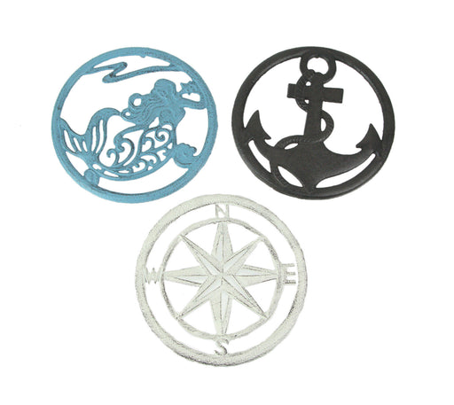 Nautical Elegance - Set of 3 Cast Iron Table Trivets - Mermaid, Anchor, Compass Rose - Decorative Kitchen Décor and Wall