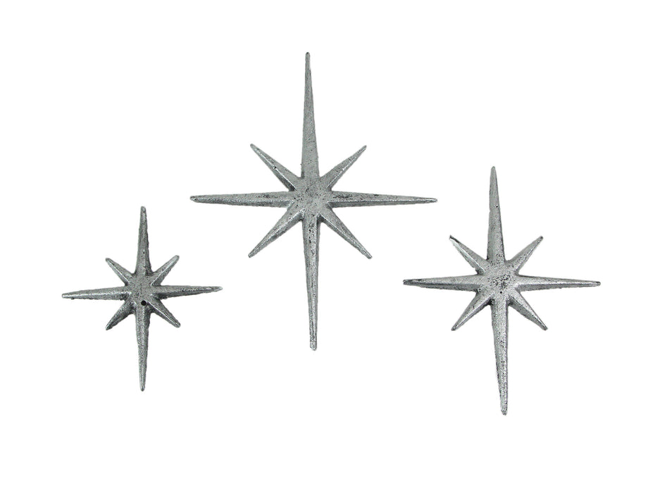 Silver - Image 1 - Set of 3 Silver Finish Cast Iron 8-Pointed Atomic Starburst Wall Hangings Mid Century Modern Décor Stars: