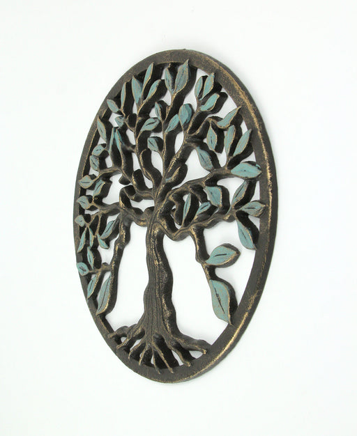 Bronze and Green Finish Cast Iron Tree Of Life Wall Décor Sculpture 11.75 Inch Diameter - Elegant Nature Themed Decorative