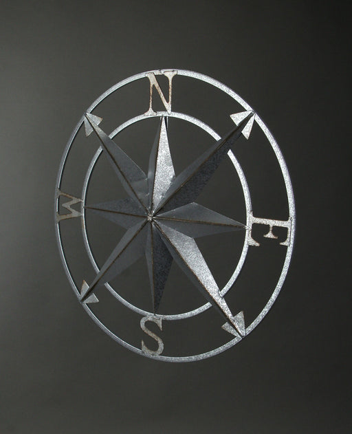 Nautical Compass Rose Wall Hanging Sculpture - Galvanized Grey Finish Metal Indoor Outdoor Ocean Decor - 20.5 Inch Diameter