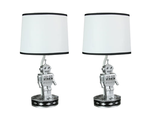 Pair of 1960s Silver Finish Robot Resin Table Lamps with Navy Blue Accented Shades - Sci-Fi Bedroom Decor - 16.5 Inches Tall