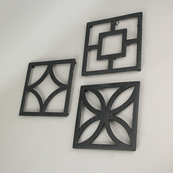 Set of 3 Black Cast Iron Mid Century Modern Breeze Block Trivets: Stylish Kitchen Counter Accents and Wall Art, Each 7.75