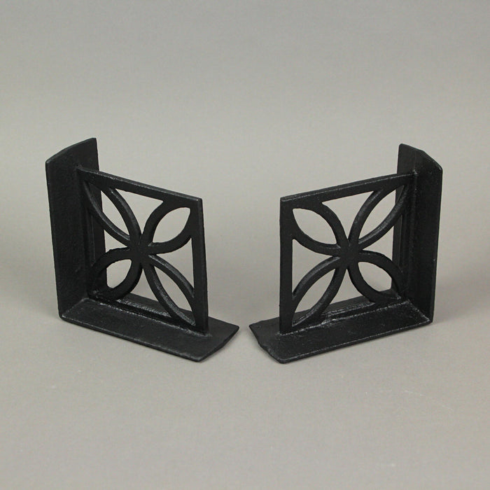 Set of 2 Elegant Black Cast Iron Mid Century Modern Breeze Block Bookends with Floral Design - Stylish Home and Bookshelf