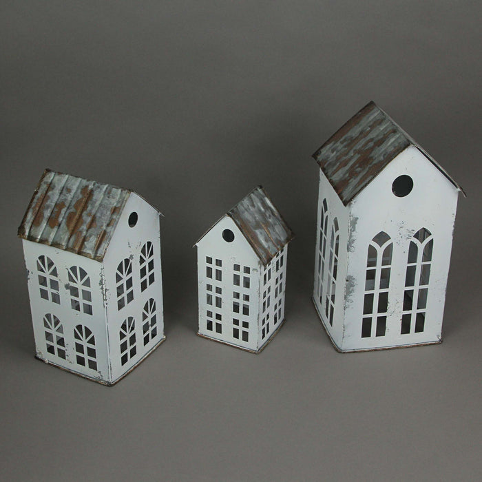 White - Image 3 - Enchanting Set of 3 Distressed White Metal House-Shaped Christmas Village Candle Holders: Rustic Farmhouse
