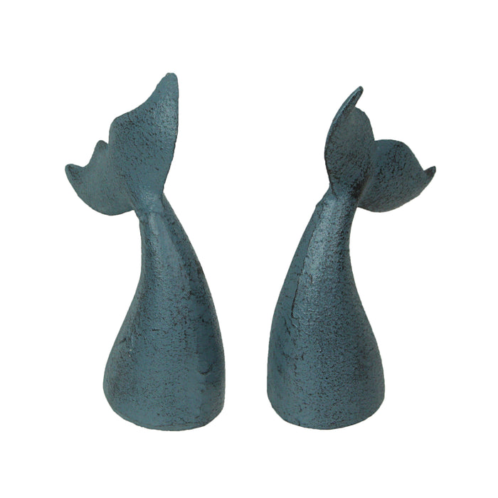 Blue - Image 2 - Set of 2 Nautical Cast Iron Whale Tail Decorative Bookends - Coastal Themed Shelves, and Beach House -