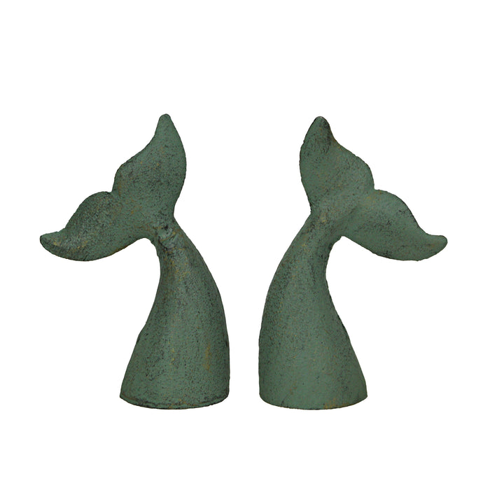 Green - Image 1 - Set of 2 Nautical Cast Iron Whale Tail Decorative Bookends for Home Decor, Coastal Themed Shelves, and