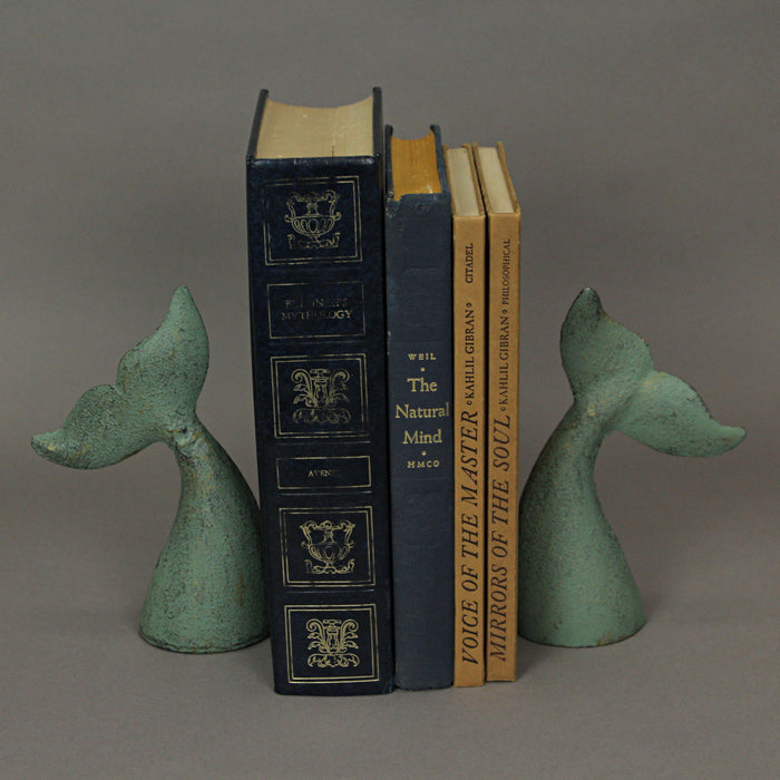 Green - Image 9 - Set of 2 Nautical Cast Iron Whale Tail Decorative Bookends for Home Decor, Coastal Themed Shelves, and