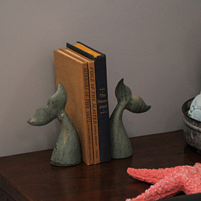 Green - Image 5 - Set of 2 Nautical Cast Iron Whale Tail Decorative Bookends for Home Decor, Coastal Themed Shelves, and