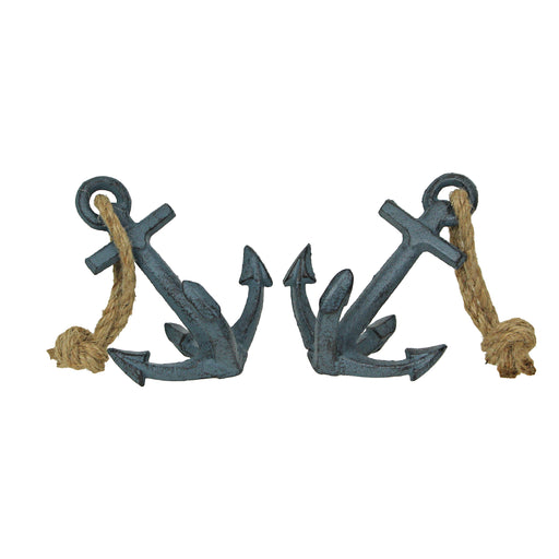 Blue - Image 1 - Set of 2 Blue Cast Iron Boat Anchor Bookends: Nautical Home Decor Sculptures Standing 4.75 Inches High,