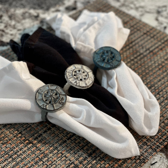 Nautical - Image 5 - Set of 6 Coastal Blue, Grey, and White Cast Iron Compass Rose Napkin Rings for Decorative Formal Dining