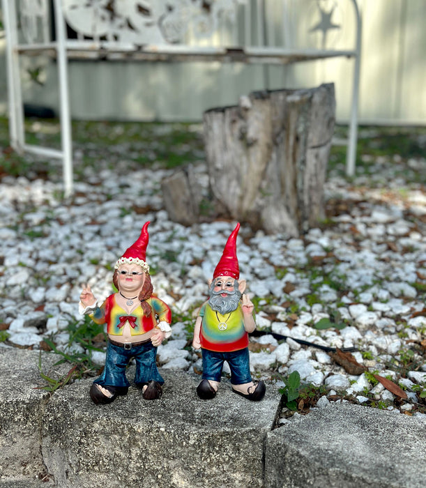 Gnancy and Gnarley Hippie Gnome Garden Statues - Peace, Love, and Tie-Dye Decor - 8.25 Inches High, Resin, Multicolored,
