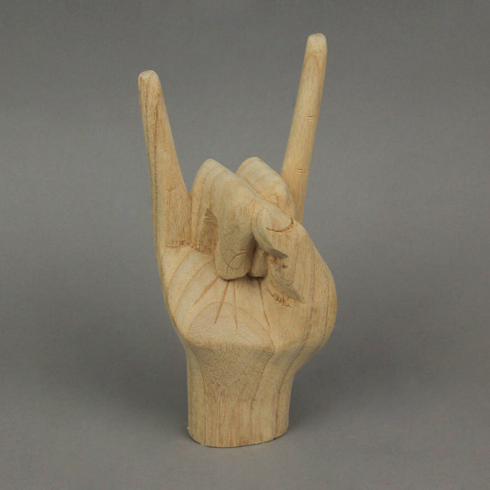 Carved Wooden "Rock On" Devil Horns Hand Gesture Statue - Natural Brown Finish Home Decor Accent, 8 Inches High - Great for
