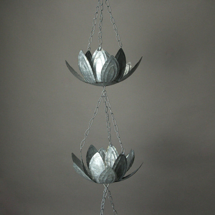 Flower - Image 6 - Galvanized Grey Metal Lotus Flower Rain Chain Gutter Downspout Accent, 70 Inches Long - Installs Easily -