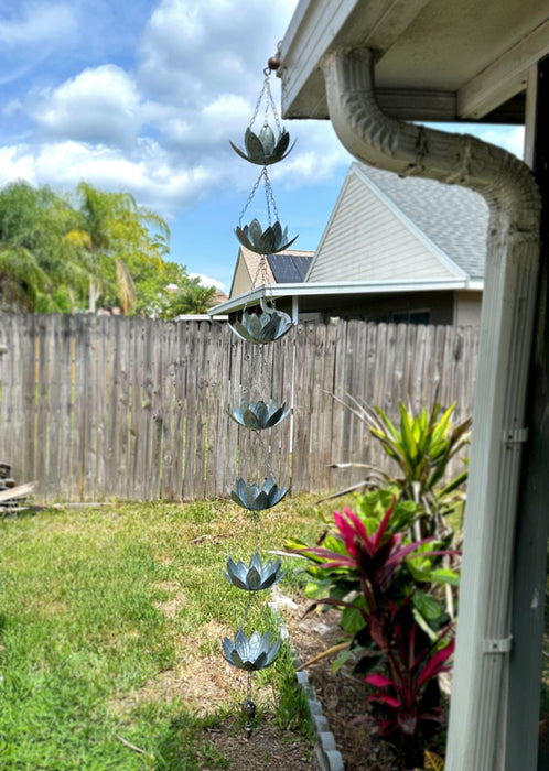 Flower - Image 4 - Galvanized Grey Metal Lotus Flower Rain Chain Gutter Downspout Accent, 70 Inches Long - Installs Easily -