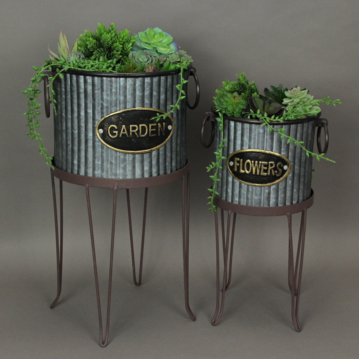 Set of 2 Rustic Farmhouse Corrugated Galvanized Grey Metal Round Indoor/Outdoor Garden Planters with Stands Plant Pots