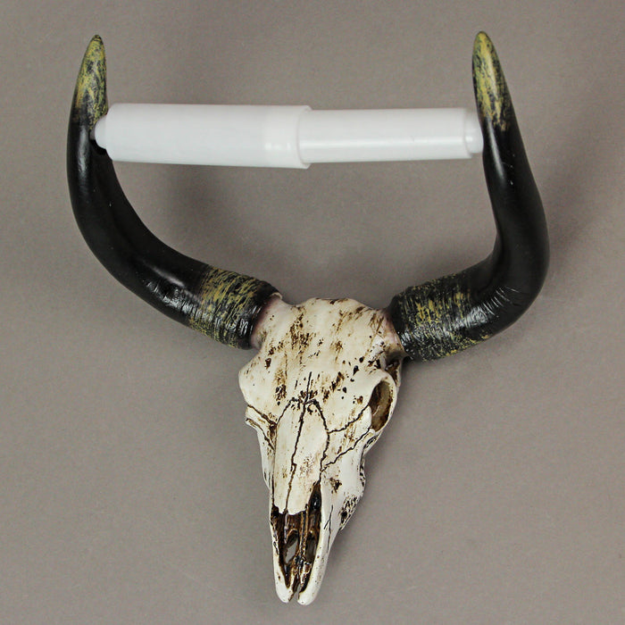 Southwestern Bull Skull Wall Mount Decorative Toilet Paper Holder: Rustic Resin Steer Skull Bathroom Decor - Western Charm
