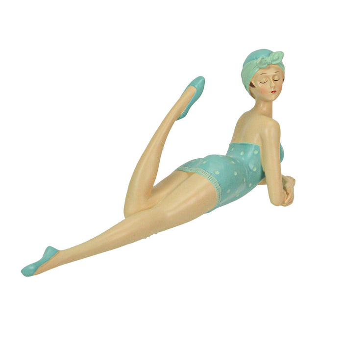 Retro Bathing Beauty Beach Girl in Sage Green Polka Dot Swimsuit Figurine, Hand-Painted Collectible Home Decor Accent - 13.5