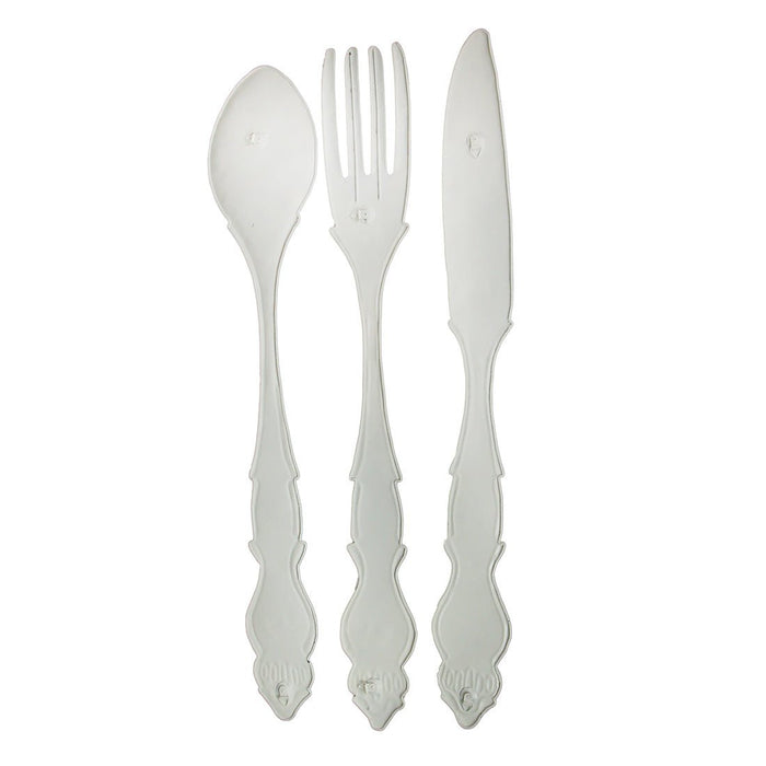 Rustic White Finish Metal Knife, Fork, and Spoon Wall Art: Decorative Utensil Set for Farmhouse Kitchen Decor, 30 Inches High