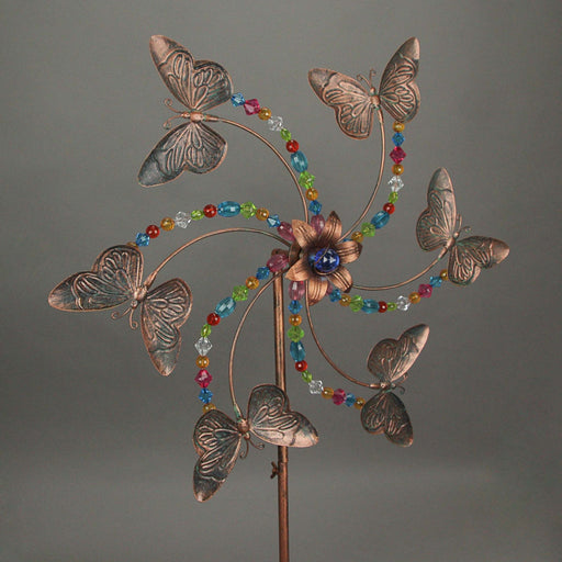Antique Copper Finish Beaded Pinwheel Wind Spinner Garden Stake - 25-Inch Diameter - Whimsical Outdoor Decor - Simple