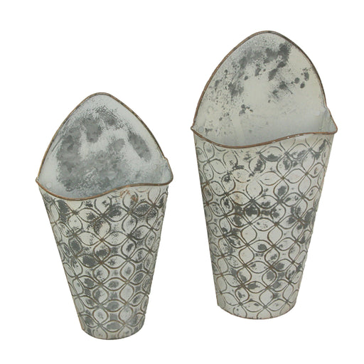 Antiqued Gray Enamel-Painted Embossed Metal Wall Pockets - Set of 2 - Transforming Your Space into a Boho Haven with Creative