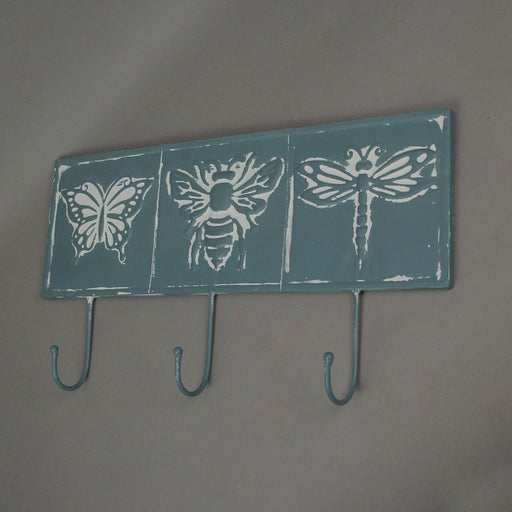 Blue and White Vintage Metal Insect Wall Hook Rack with Bee, Butterfly, and Dragonfly Accents - Decorative Hanging Coat,