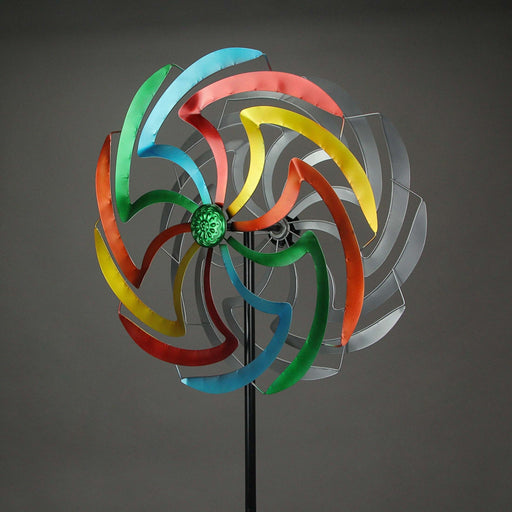 Colorful Anodized Finish Dual Flower Metal Wind Spinner Garden Stake 70 Inches High Image 2