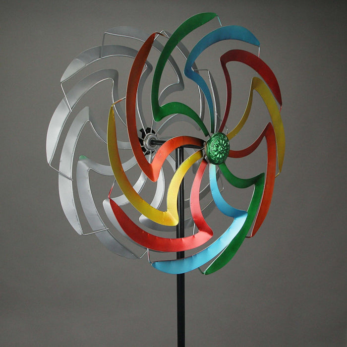 Colorful Anodized Finish Dual Flower Metal Wind Spinner Garden Stake 70 Inches High Image 3