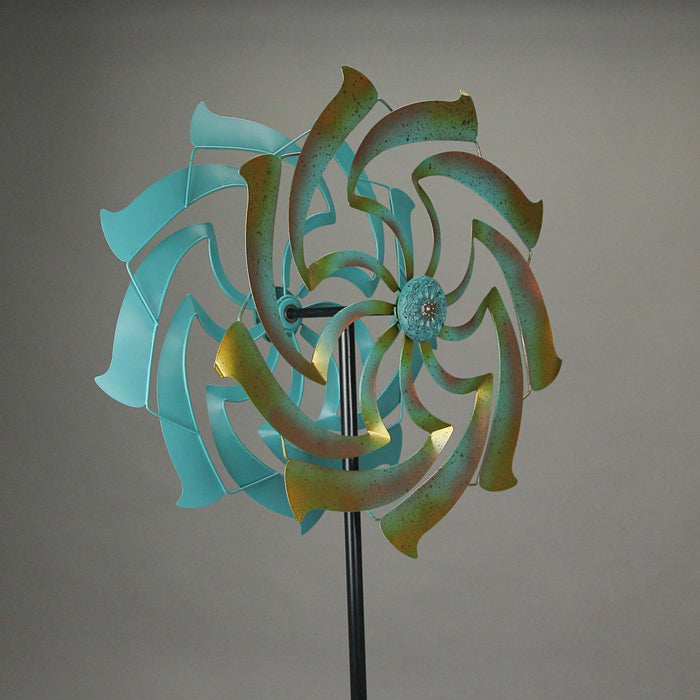 Colorful Teal and Yellow Finish Dual Flower Metal Wind Spinner Garden Stake 70 Inches High Image 3