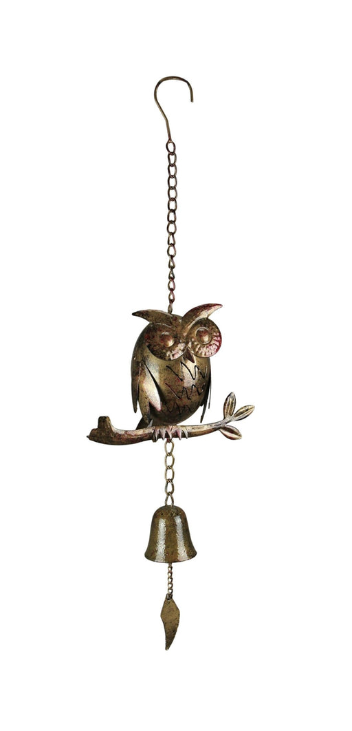 Enchanting Tin Owl Wind Chime with Mottled Finish: Decorative Metal Sculpture and Melodic Garden Accent, 15 Inches High -