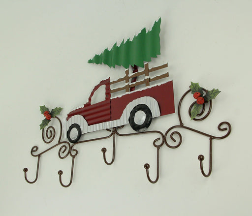 Exquisite Metal Art Scroll Rustic Red Truck with Tree and Holly Wall Hook Rack: Transformative Holiday Decor Measuring 23.5