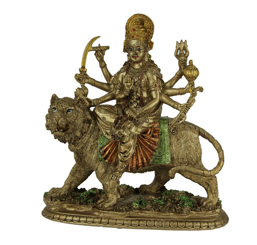 Goddess Durga, the Divine Protector Bronze Finish Resin Statue - Hindu Mother Goddess Riding a Tiger, Symbolizing Strength,