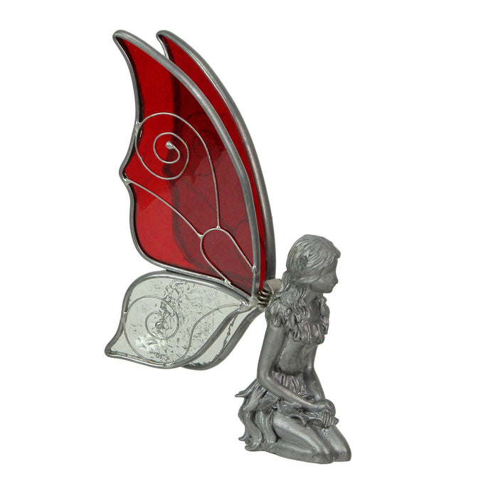 2 - Image 2 - Enchanting Set of 2 Kneeling Fairy Pewter Figurines for Mythical Home Decor and Desk Accents - Red and White