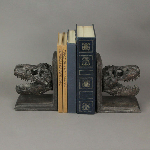 Pair of 6.5-Inch High Brown Resin Tyrannosaurus Rex Skull Faux Fossil Bookends - Real-Looking Dinosaur-Themed Table or Shelf