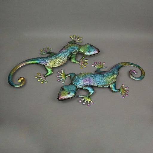 Pair of Vibrant 19.25-Inch Long Multicolor Stamped Metal Gecko Lizard Wall Décor Sculptures - For Indoor/Outdoor Artistry and