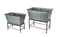 Set of 2 Galvanized Grey Zinc Finish Metal Tub Planters on Stands - Perfect for Western Themes - Large: 20 Inches, Small: 17