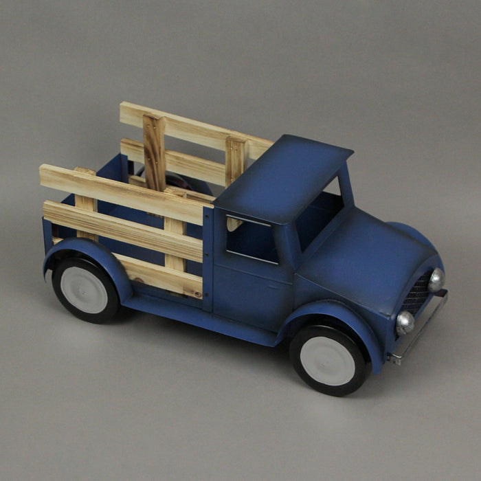 Blue - Image 2 - Rustic Metal and Wood Antique Farm Pickup Truck Plant Stand 15.5 Inches Long - Blue