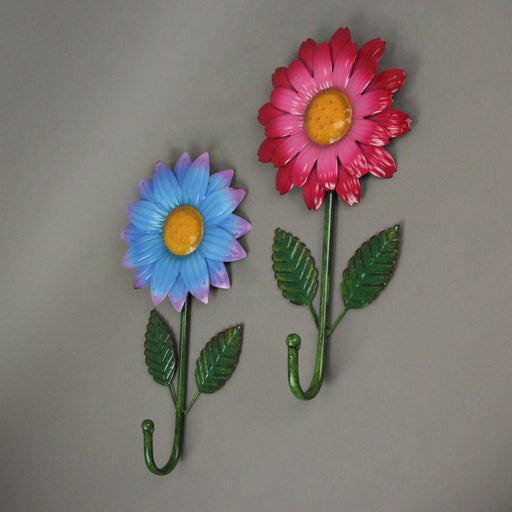 Set of 2 Hand-Painted Blue and Red Metal Flower Decorative Wall Hooks, 15.25 Inches High, Enhancing Your Home Decor with