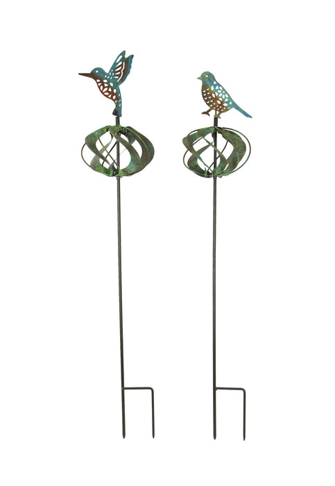 Set of 2 Metal Garden Stake  Kinetic Wind Spinners Featuring Hummingbird and Robin Sculptures, Adding Artistic Charm and